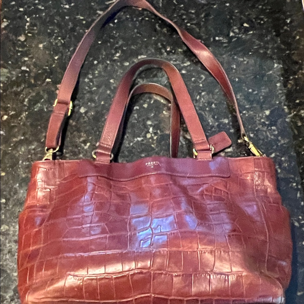 Fossil Burgundy Croc-Embossed Shoulder Bag